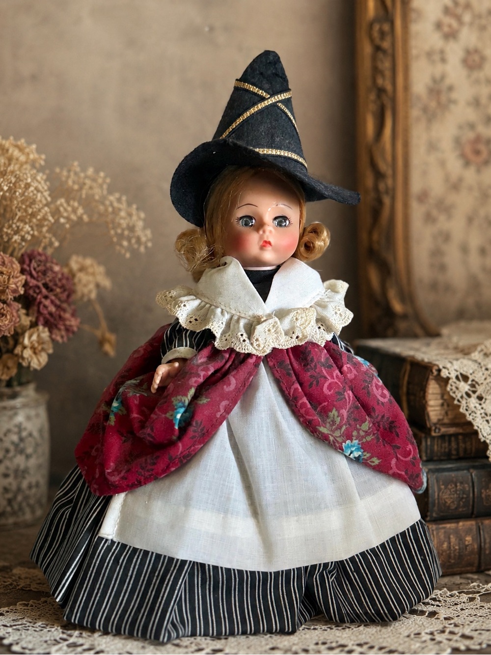 Vintage-witch storybook Doll in Black Hat and Burgundy Cape